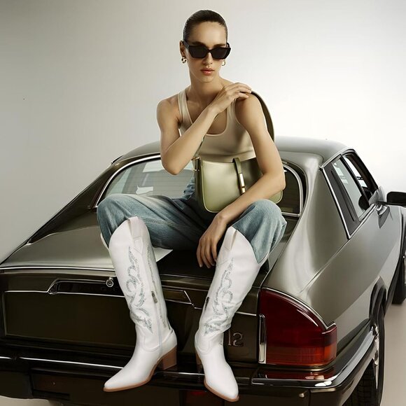 Women's White Cowboy for Wide High Calf Rhinestone Knee Western Tall Boots - Picture 7 of 7